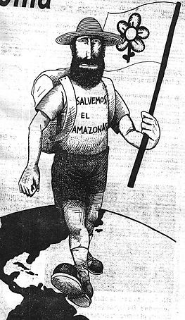El Earthwalker Paul Coleman en la caminata para salvar el Amazonas. Ilustración suya Caminando por La Journada, México 1991.