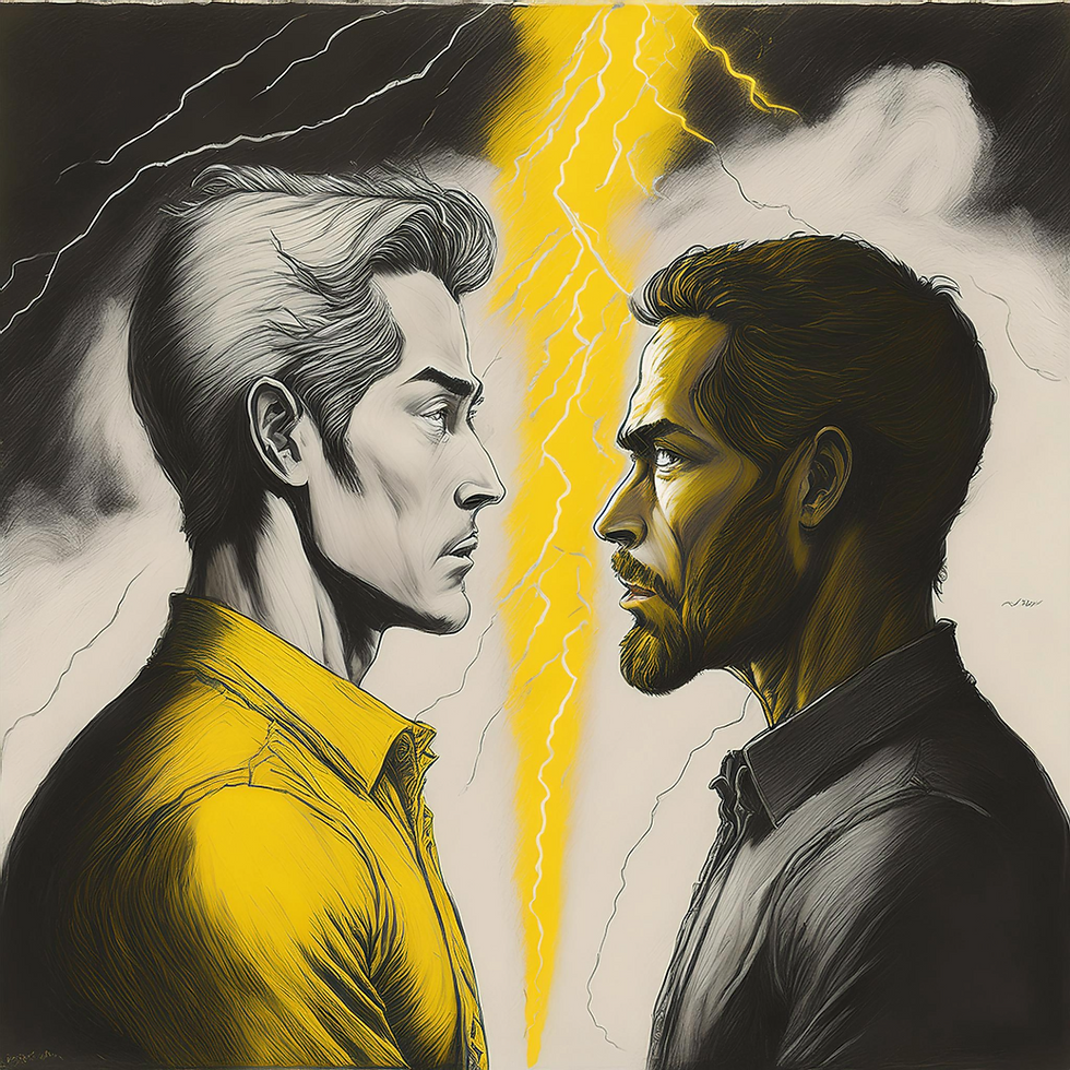 Two men staring at each other amidst lightening strike