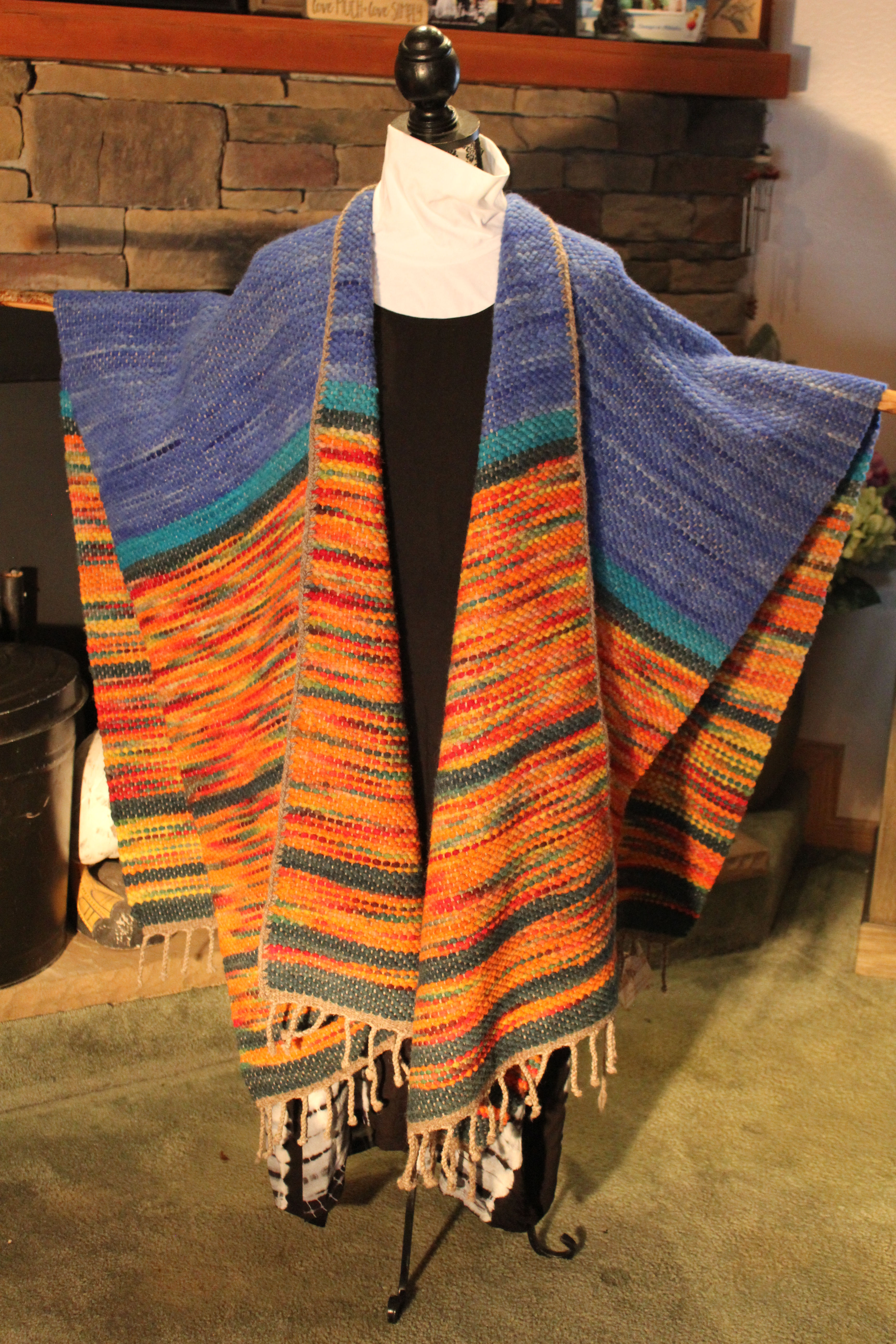 Handwoven Open Front Wool Poncho. Fall Foliage colors.