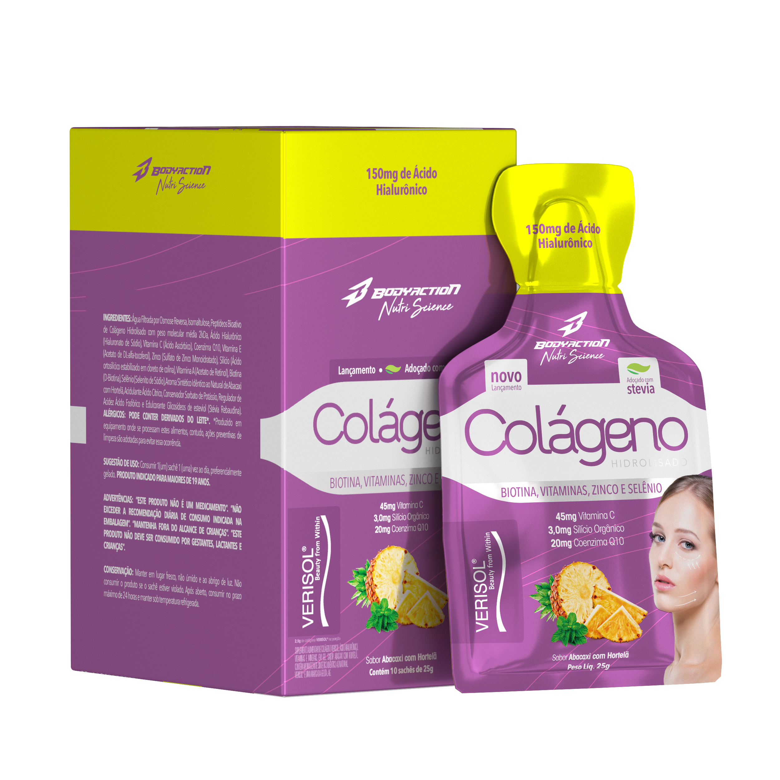 Colágeno VERISOL com Ácido Hialurônico - gel - abacaxi c/ hortelã - 10 sachês 25