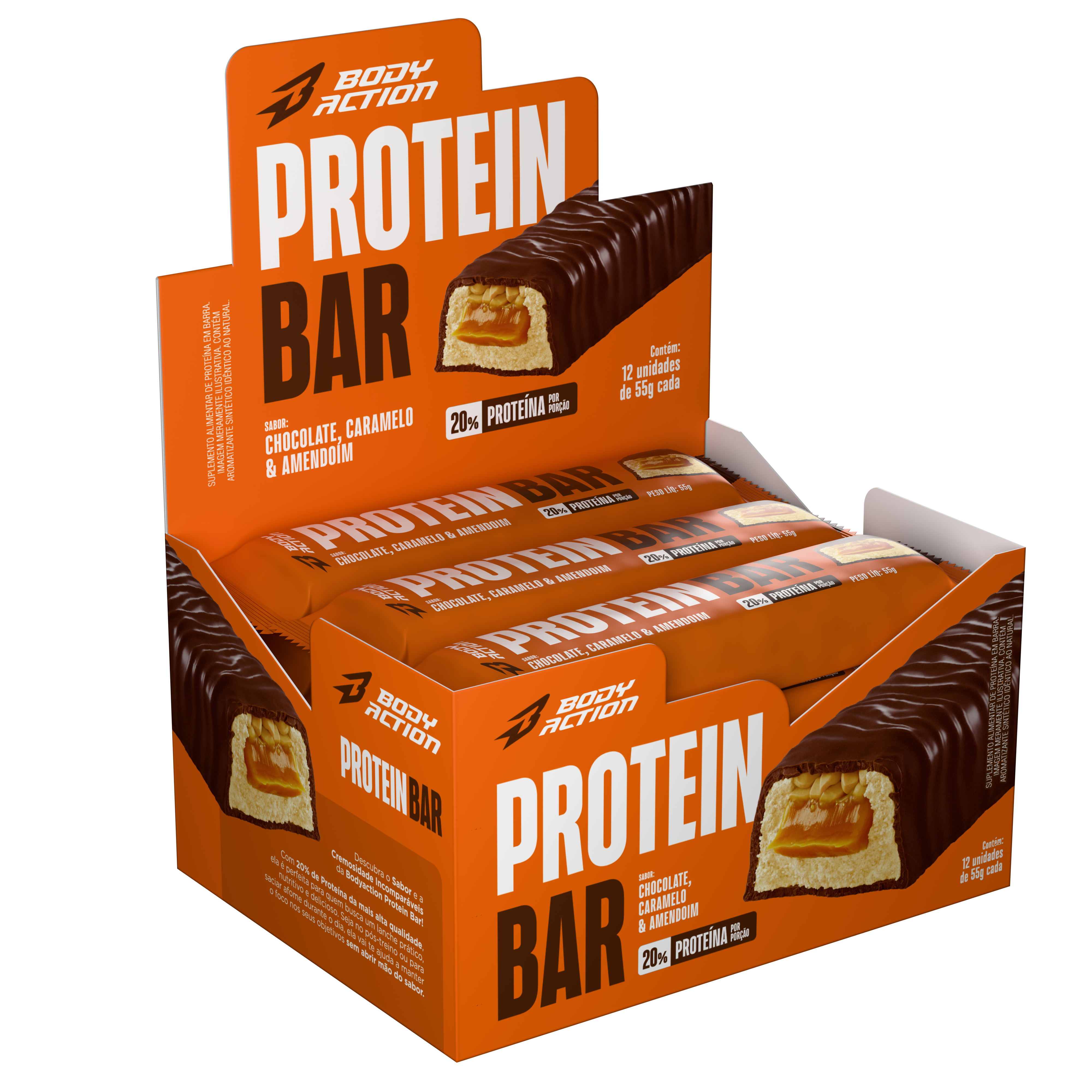 Protein Bar 20% proteínas - caramelo amendoim chocolate - caixa c/ 12 barras 55g