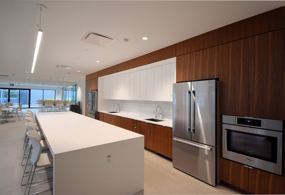 Modern commercial food court kitchen with wood cabinetry