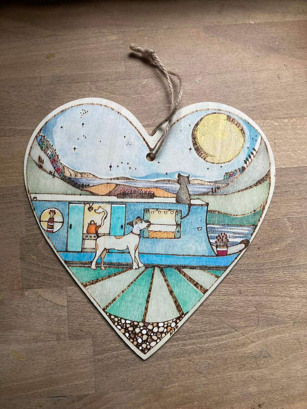 Thumbnail: large Wood burned heart 'An evening on the canal'