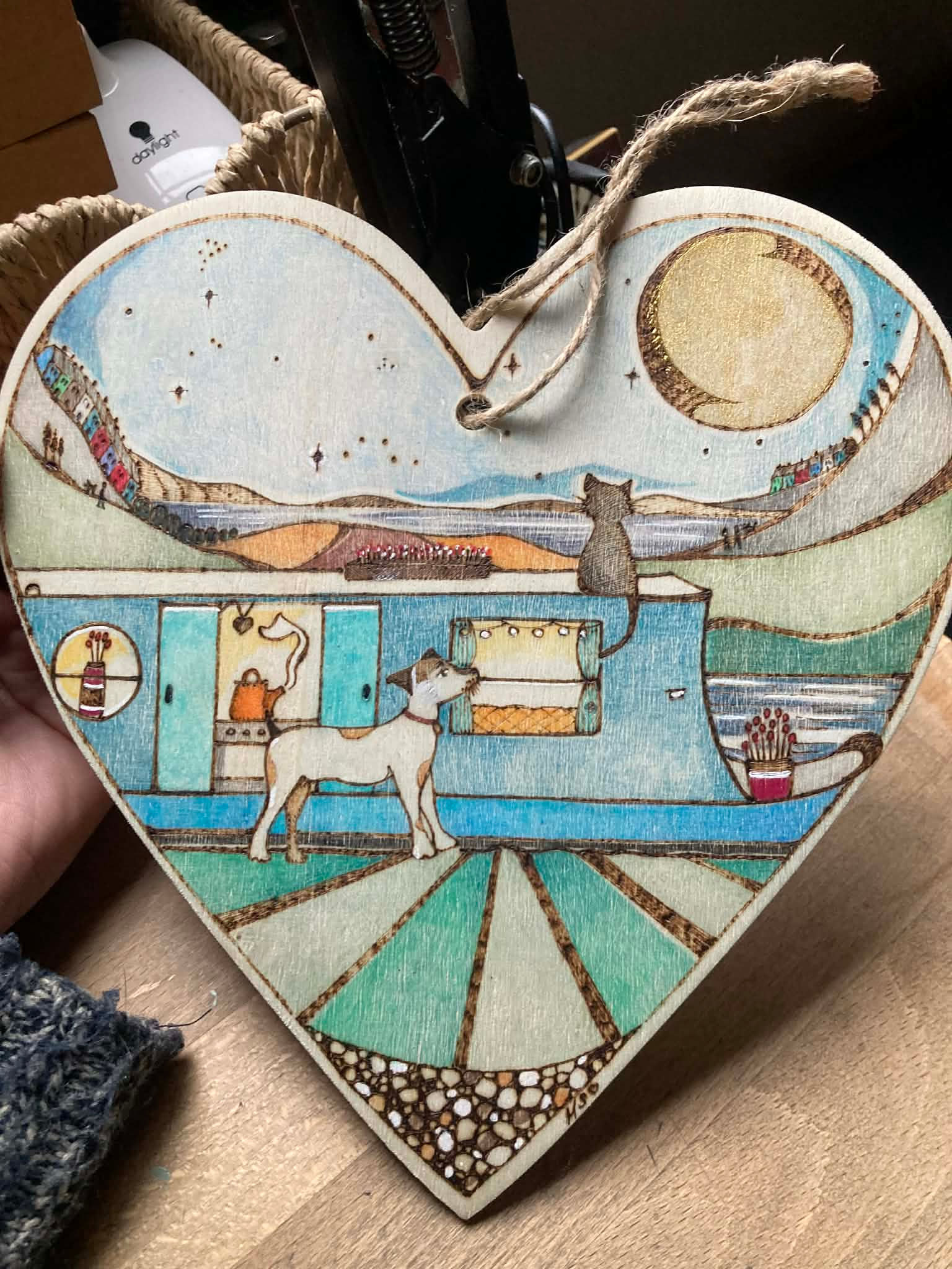 large Wood burned heart 'An evening on the canal'
