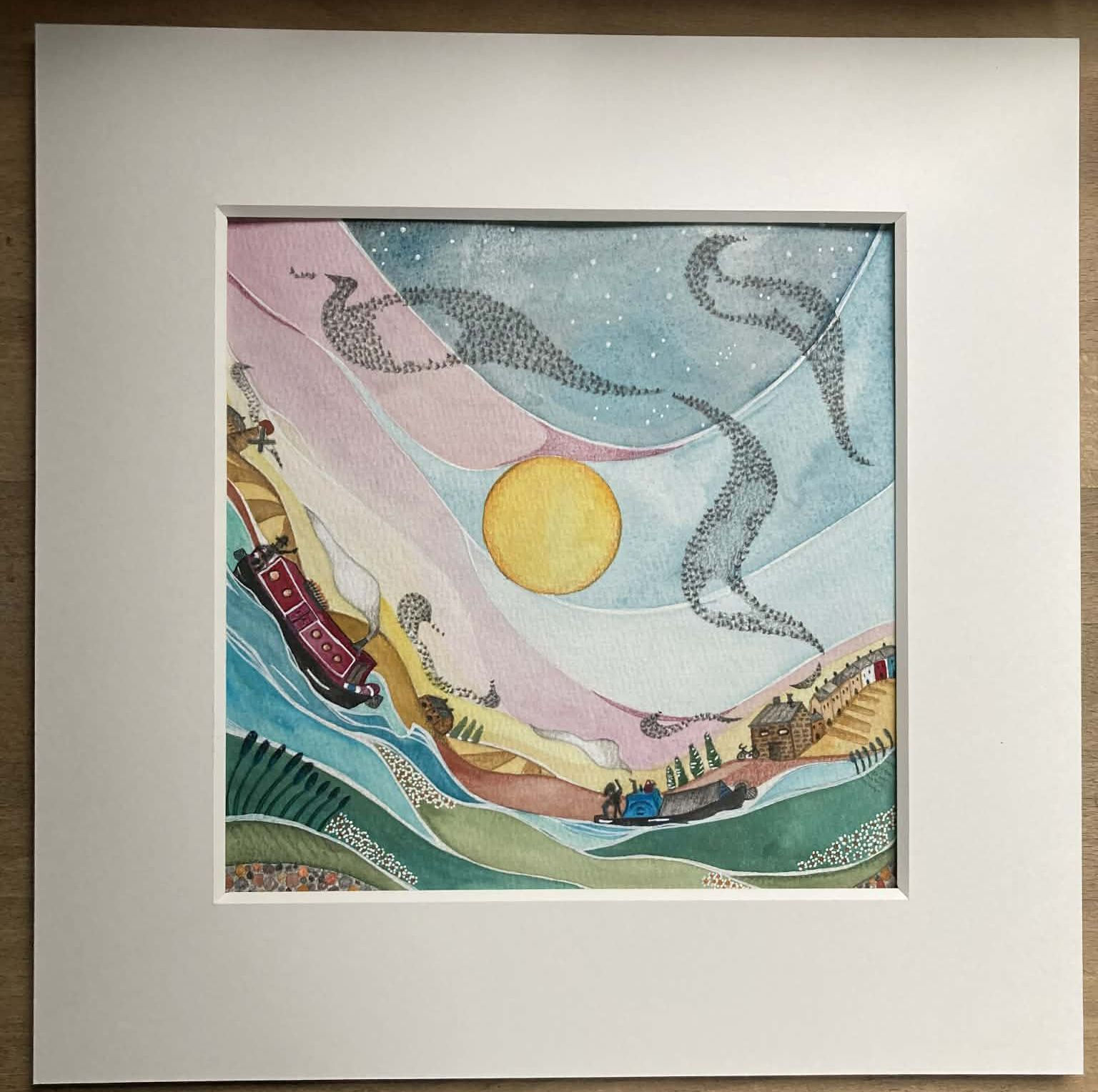 Original watercolor, gouache and pencil painting 'As we fly  by' Mounted.