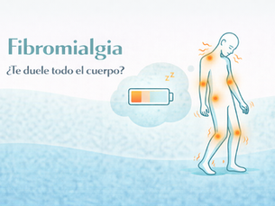 Ilustración minimalista “Fibromialgia” con una figura humana inclinada y puntos de dolor resaltados en naranja, y un globo con batería baja que representa cansancio, en tonos turquesa y azul, estilo banner.