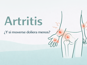 Ilustración minimalista “Artritis” con la frase “¿Y si moverse doliera menos?” y una figura de cuerpo con articulaciones marcadas (mano, cadera y rodilla) en tonos turquesa y naranja.