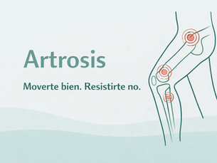 Ilustración minimalista en tonos turquesa sobre artrosis: pierna con cadera y rodilla destacadas, puntos de rigidez y texto “Artrosis”.