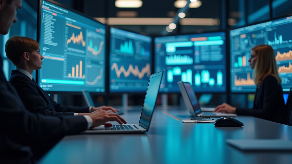Eye-level view of a modern workspace with digital dashboards displaying real-time business data