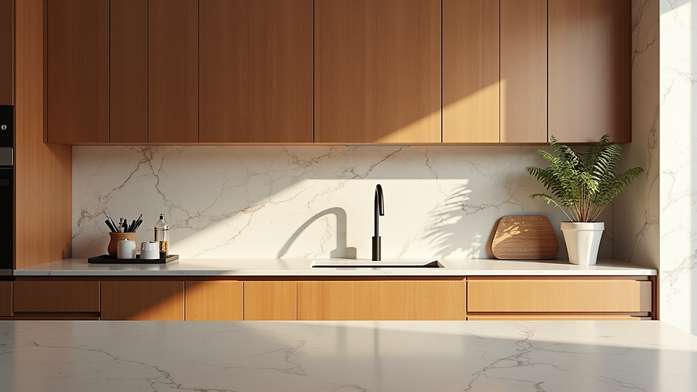 Eye-level view of kitchen with warm earth tone quartz countertops and wood cabinets