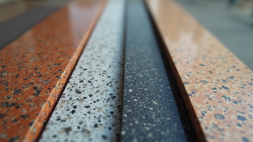 Close-up view of polished granite slabs in various colors