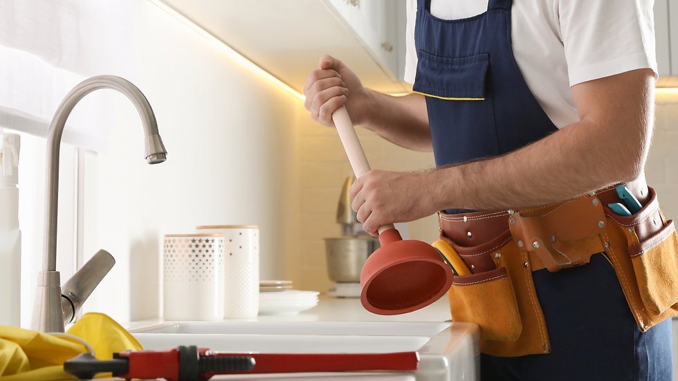 A person holding a plunger near a sink in a kitchen.