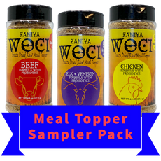 Link to shop Zaniya Woci Freeze Dried Dog Food Toppers Sampler Pack, featuring beef topper, chicken topper and elk/venison topper