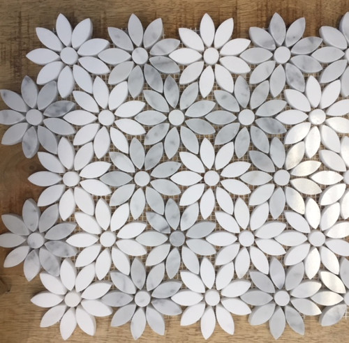 Daisy Flower Polished Mosaic Carrara/Thassos Tile