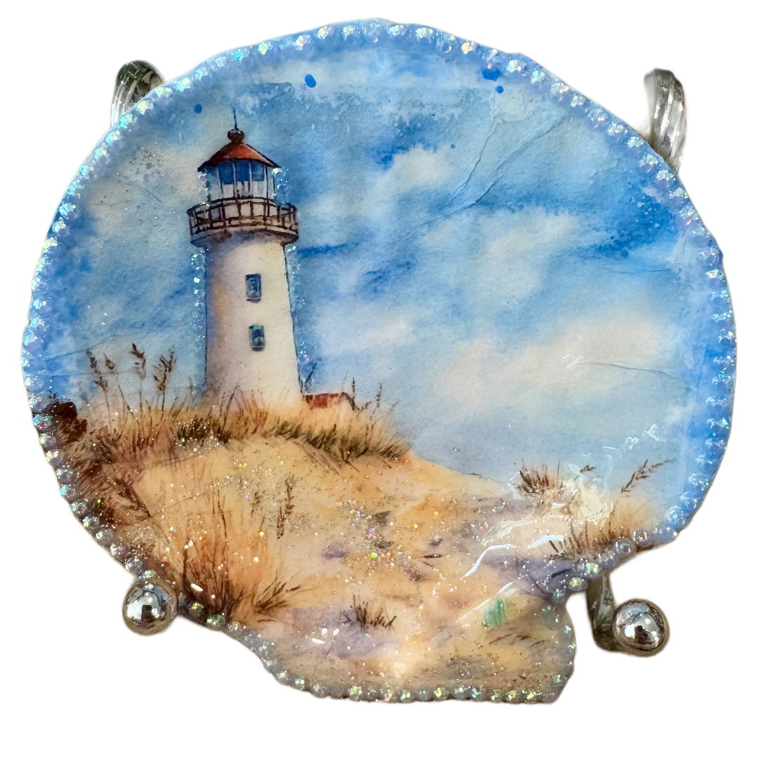 Blue Sky Lighthouse Scallop Shell Trinket Dish