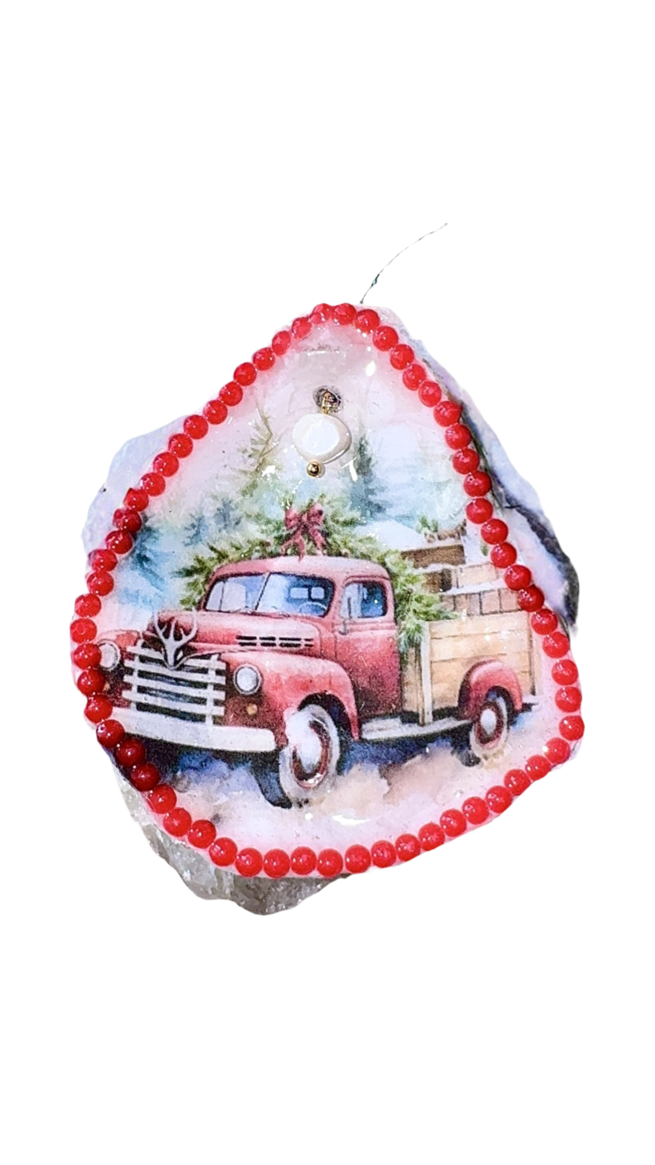 Vintage Red Truck Holiday Oyster Shell Ornament