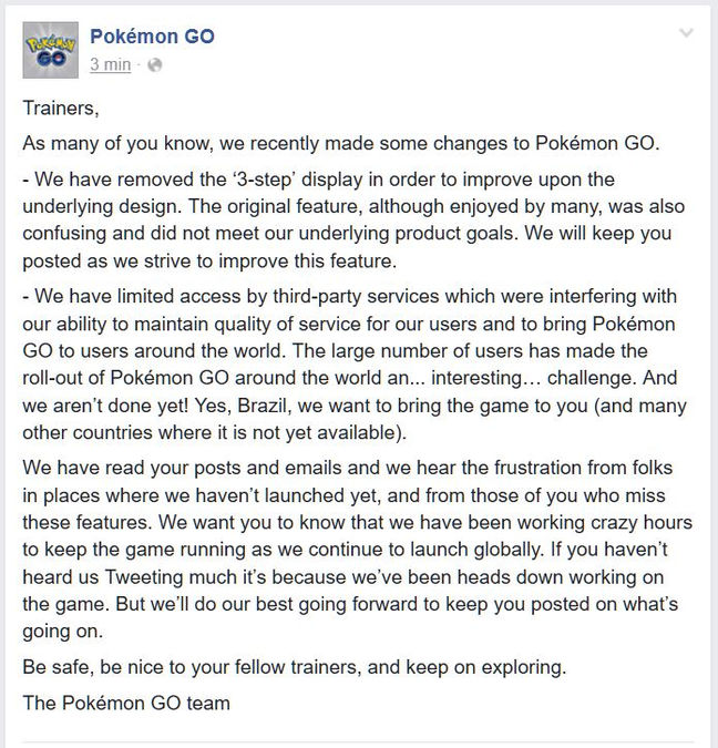 Niantic finalmente responde os fãs brasileiros no seu Facebook!