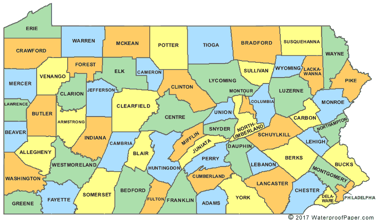 PA counties from waterproofpaper.com