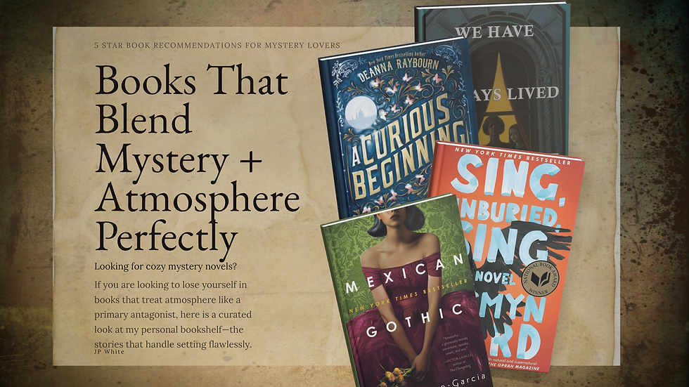 Graphic about 5 star mystery book recommendations, showing four colorful book covers and the headline Books That Blend Mystery + Atmosphere Perfectly