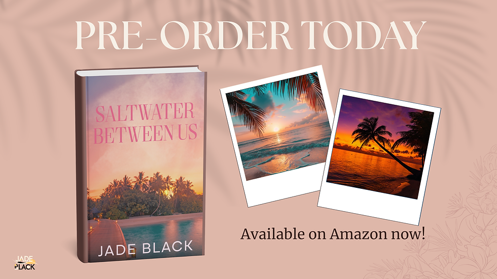 Book cover with tropical island scene, two sunset photos with palm trees. Text: "PRE-ORDER TODAY. Available on Amazon now! Jade Black."