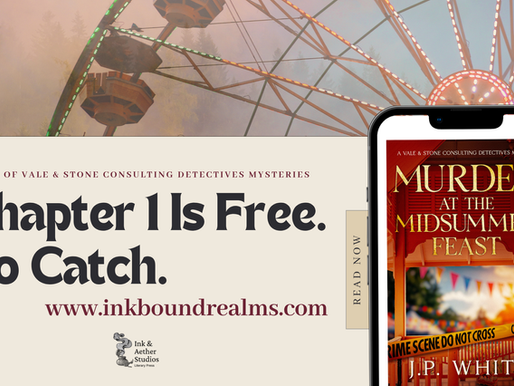 Book promo with misty Ferris wheel, phone showing Murder at the Midsummer Feast, and text Chapter 1 Is Free. No Catch.