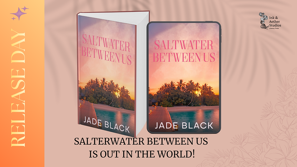 Book and phone displaying "Saltwater Between Us" cover with sunset and palms. Text: "Release Day" and "Saltwater Between Us is out in the world!"