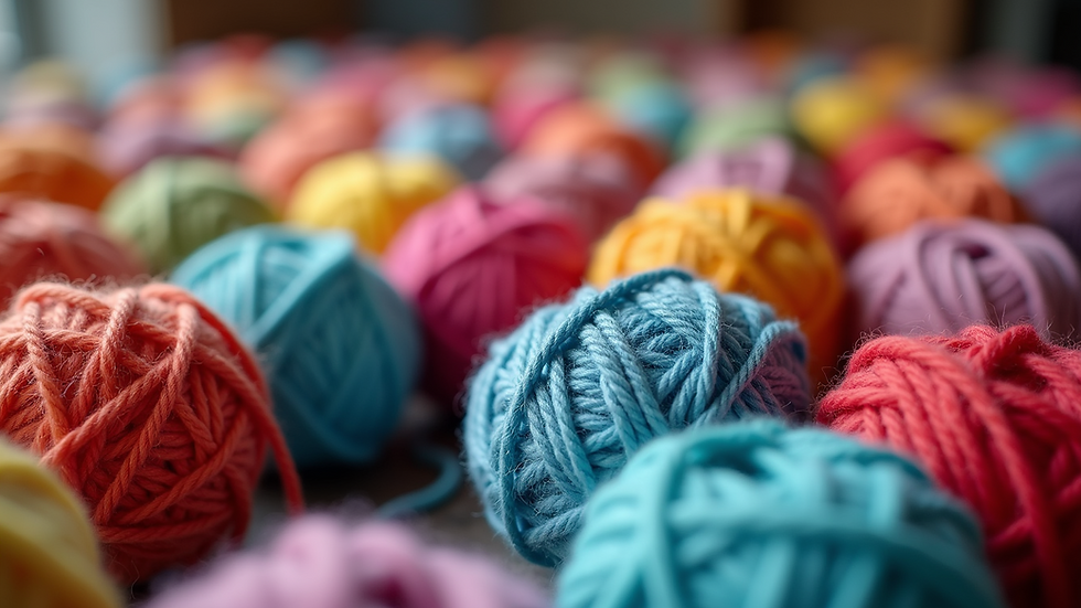Close-up view of colorful yarn balls arranged in a creative pattern