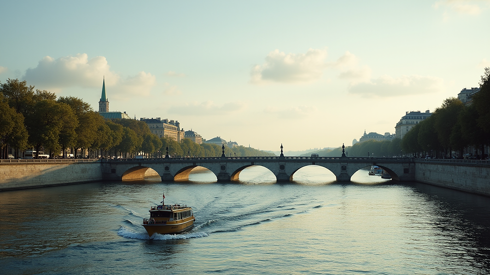 Wide angle view of the Seine river with a small boat passing under a bridge