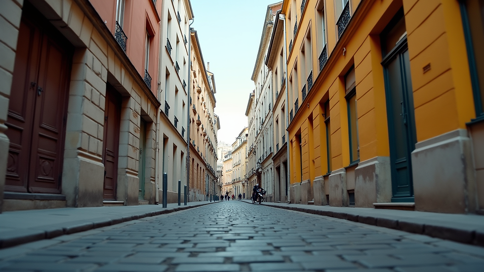 Eye-level view of a narrow Parisian street with colorful buildings
