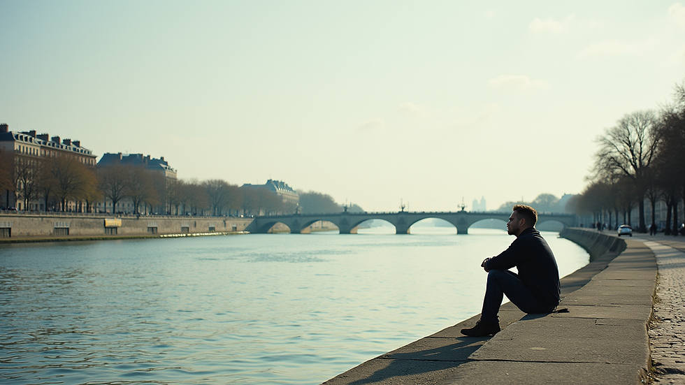 Wide angle view of the Seine riverbank with a single person sitting on the edge