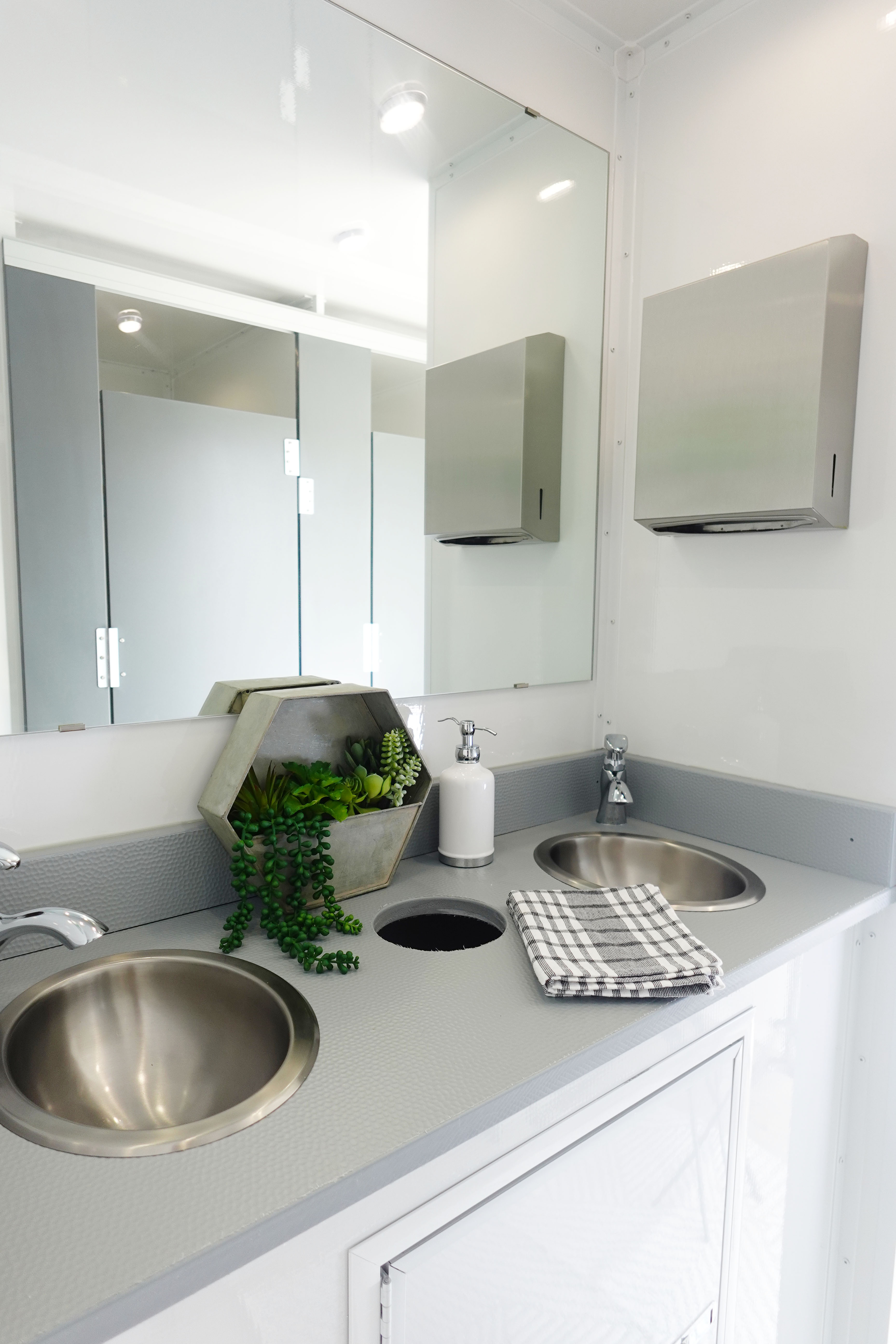 Restroom trailer interior for utility crew