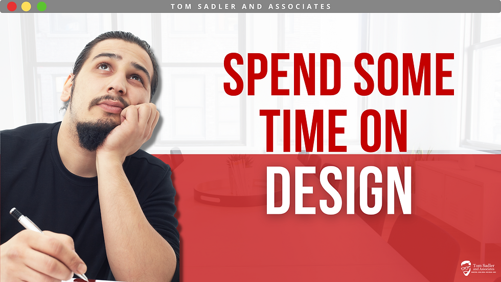 Man in a black shirt with a pencil looking upwards with red and white words that say" spend some time on design"