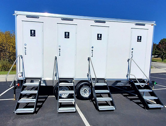 Restroom trailer for disaster relief staging area