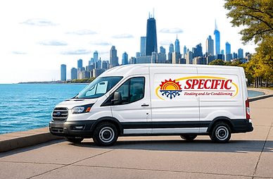 SPECIFIC Heating and Air Conditioning van, city skyline