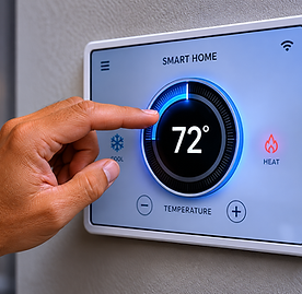 Hand adjusting a smart home thermostat to 72 degrees