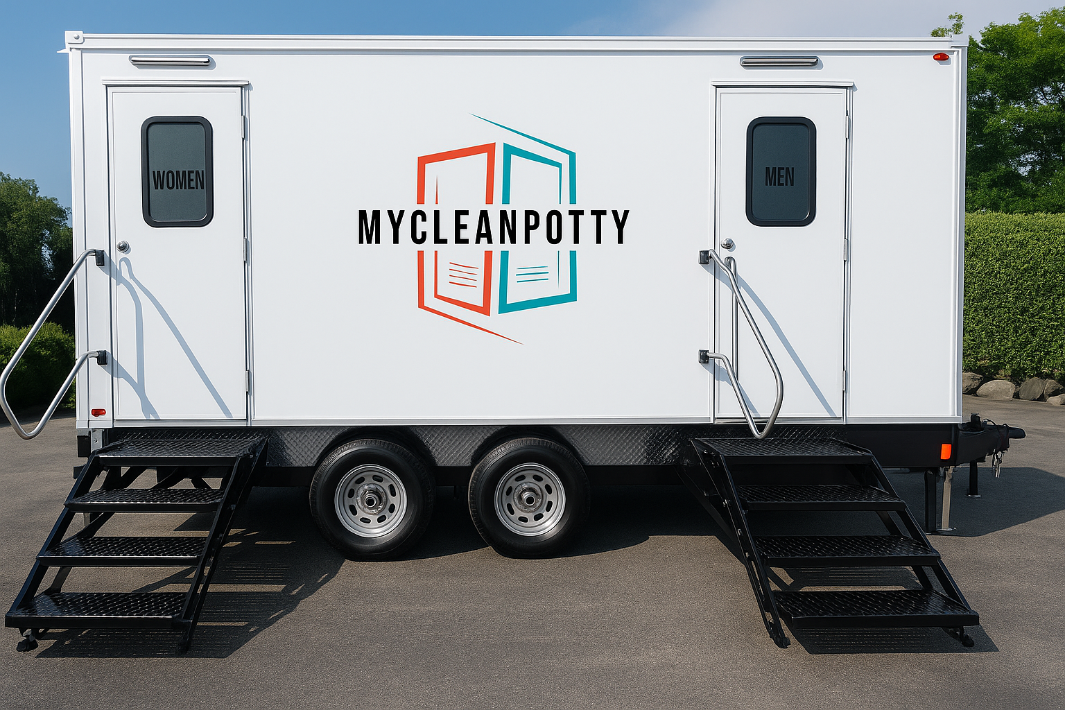 MyCleanPotty restroom trailer with logo