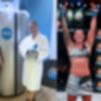 Woman in a white robe smiles beside a cryotherapy chamber. Right: Same woman, victorious in a ring, wearing fight gear, arms raised.