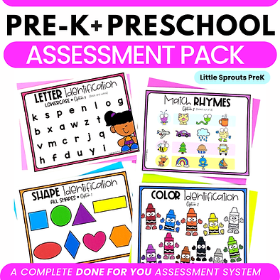 Preschool assessment cover featuring PreK and kindergarten portfolio pages for tracking early childhood skills, student progress, and classroom assessments.