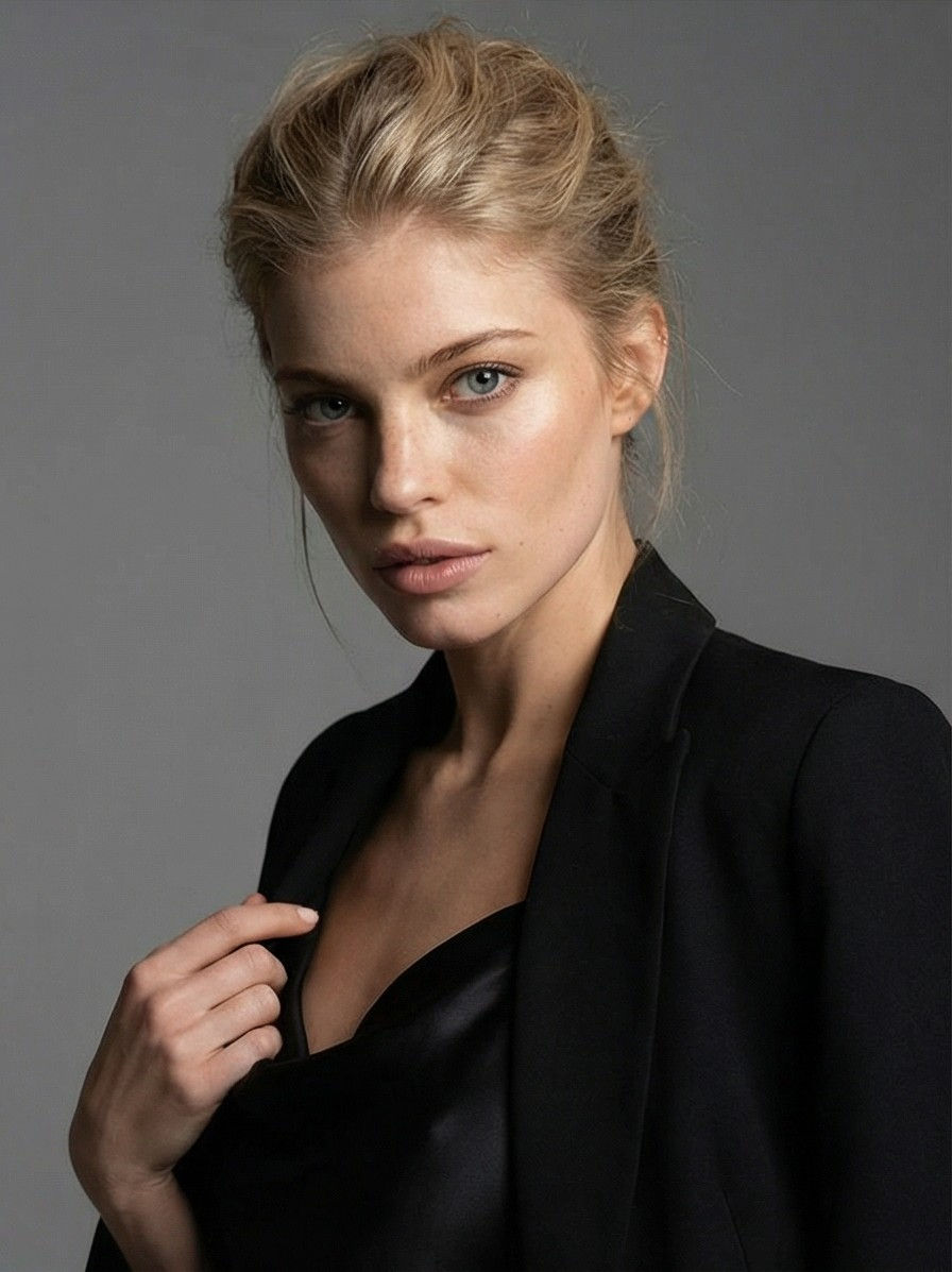 תמונה ממוזערת: פורטרט אדיטוריאל מקרוב של דוגמנית בלונדינית עם שיער אסוף, לובשת ז'קט מחויט שחור מעל גופיית סאטן, מציגה טקסטורת עור ריאליסטית עם נמשים עדינים על רקע אפור