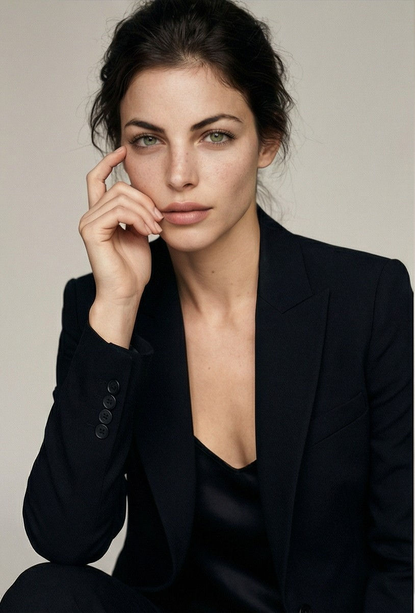 תמונה ממוזערת: פורטרט אדיטוריאל מקרוב של דוגמנית בעלת עיניים ירוקות ושיער אסוף, לובשת ז'קט מחויט שחור מעל גופיית סאטן, בתנוחה אלגנטית עם יד על הפנים על רקע סטודיו נייטרלי