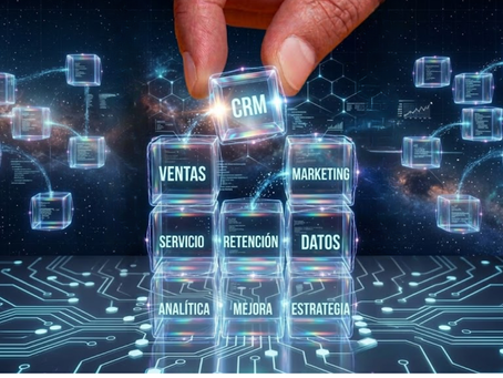 Una mano humana coloca un cubo de datos luminoso 'CRM' sobre una pirámide de cubos de gestión de clientes. Los cubos de la base están etiquetados en español: Ventas, Marketing, Servicio, Retención, Datos, Analítica, Mejora y Estrategia. Fondo de deep space y suelo de circuito impreso para transformación digital avanzada y marketing inteligente.