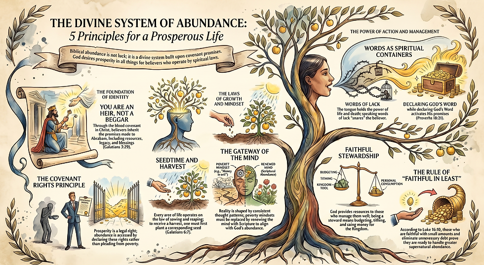 The Divine System of Abundance, highlighting five principles for a prosperous life through biblical teachings.