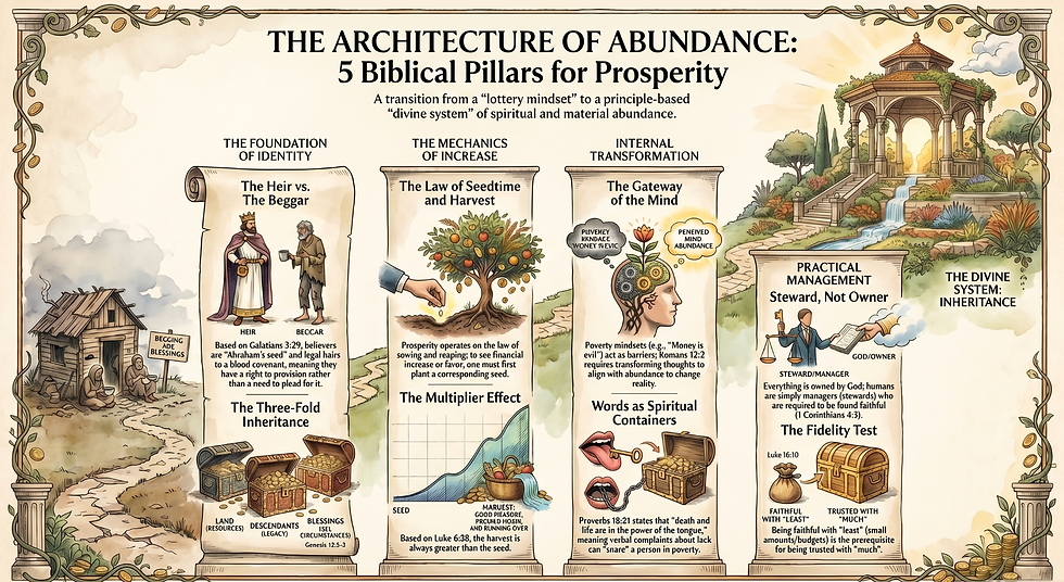 The Architecture of Abundance: Identity, mechanics of increase, internal transformation, practical management, and divine inheritance, each symbolically represented through various metaphors and scripts.