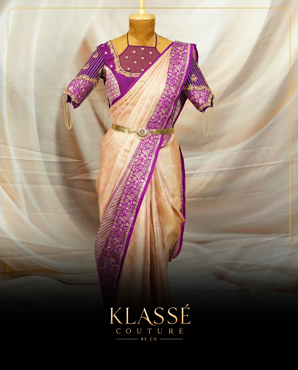 Peach and purple designer saree blouse with traditional embroidery work