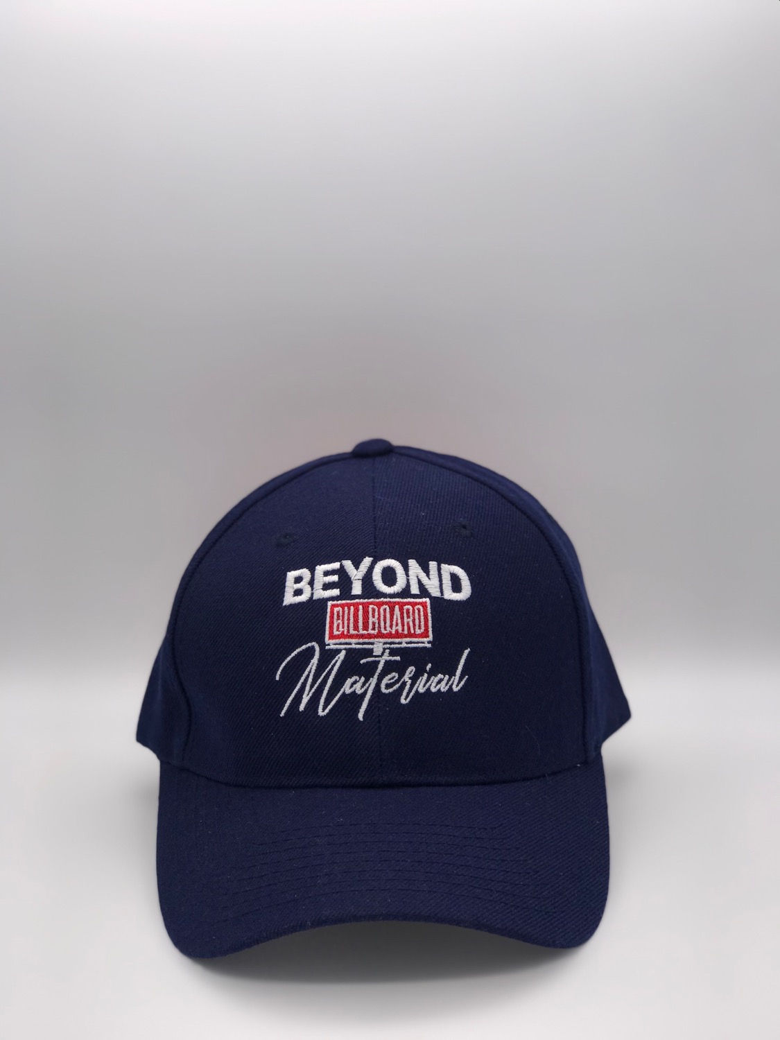 Navy Blue with white sew out with red back drop