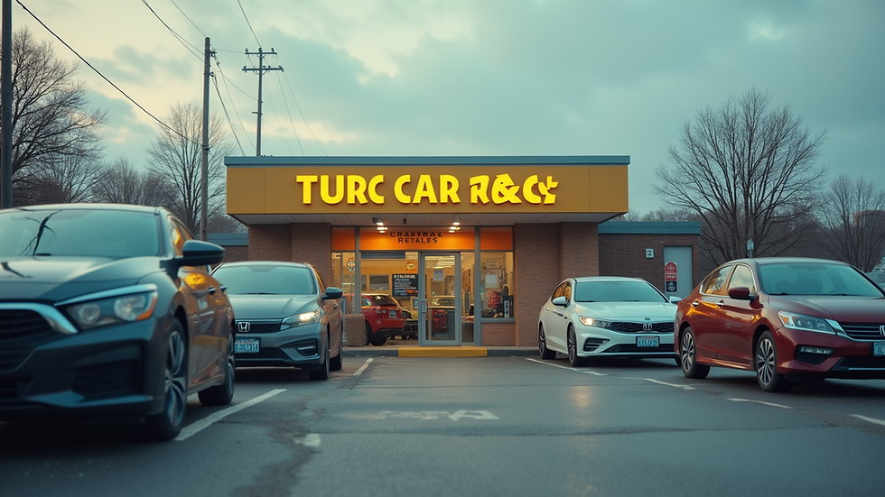Eye-level view of a car rental office with cars parked outside