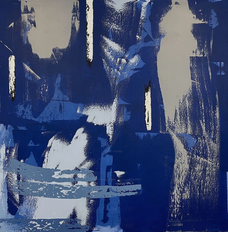 abstract painting with blue, grey, white and black colors