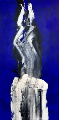 abstract painting with blue, black, and white colors