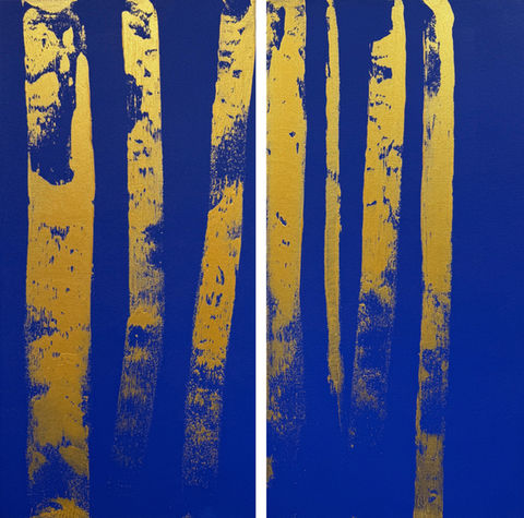 abstract painting of trees in gold on a royal blue background by artist Jay Exon
