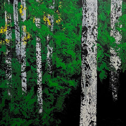 abstract trees in black, white, green, and yellow by artist Jay Exon